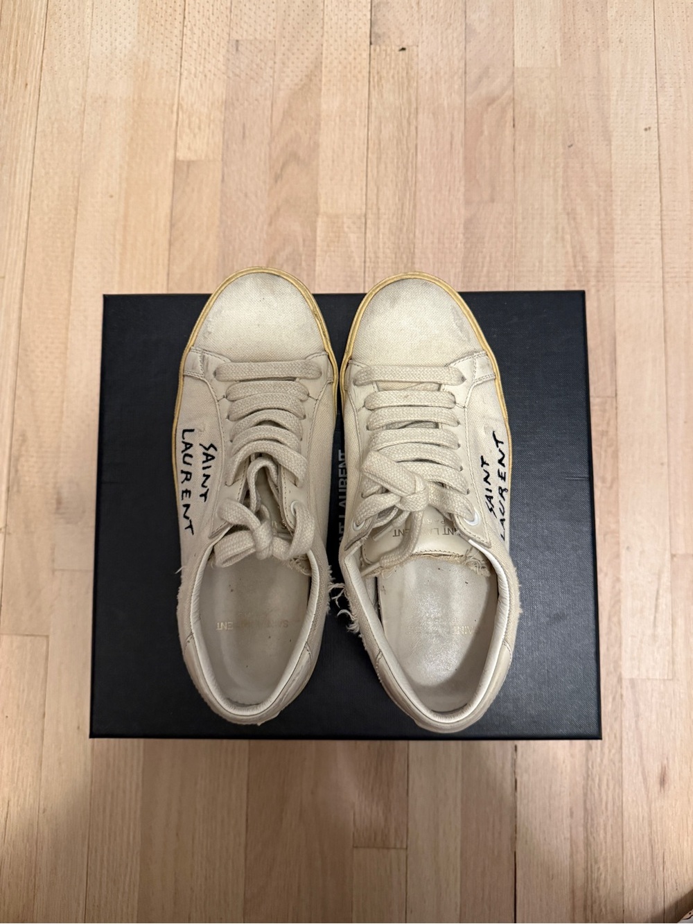 Saint Laurent Off-White Leather Sneakers with Yellow Trim